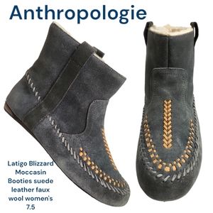 Anthropologie Suede Moccasin Booties in Charcoal Gray with Tan Accents